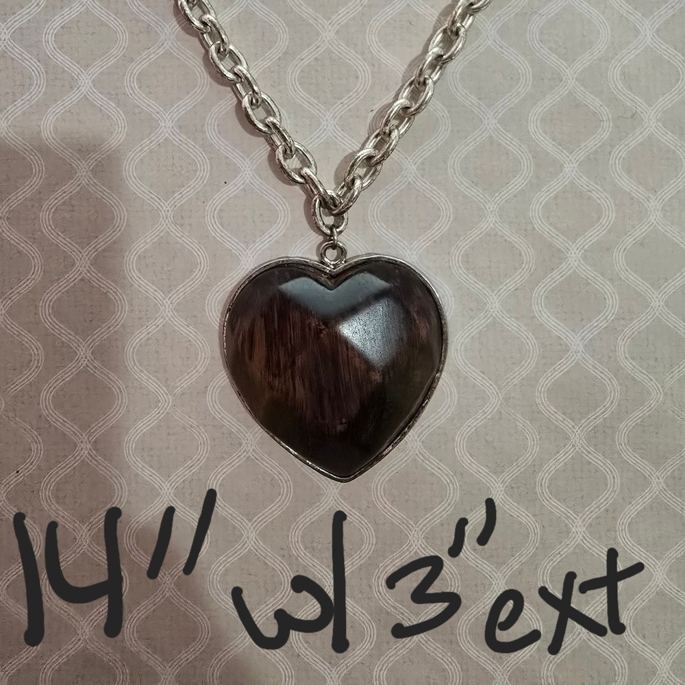Big Brown chunky heart necklace 14" with 3" extender silver toned chain
